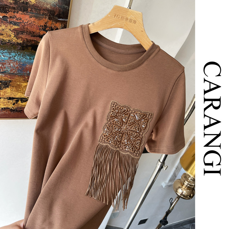 CARANGI珠片镂空流苏绣花设计感纯棉T恤女2025夏季新款时髦小众T