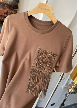 CARANGI珠片镂空流苏绣花设计感纯棉T恤女2025夏季新款时髦小众T
