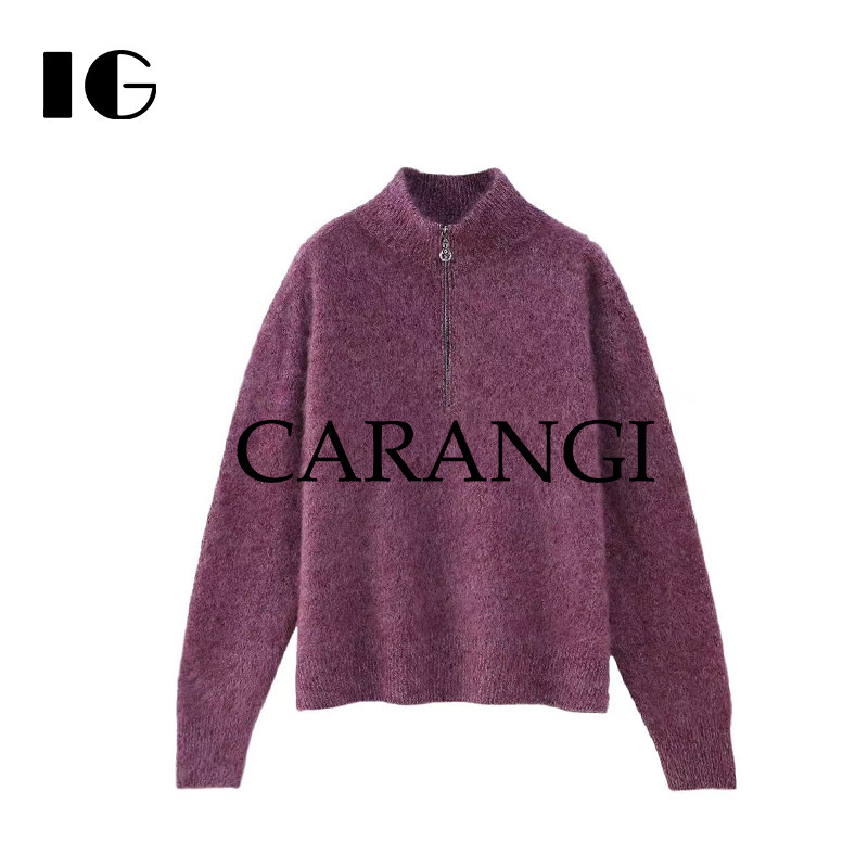 CARANGI品牌-羊毛拉绒毛衣2025年秋冬宽松半拉链女针织衫IG9919
