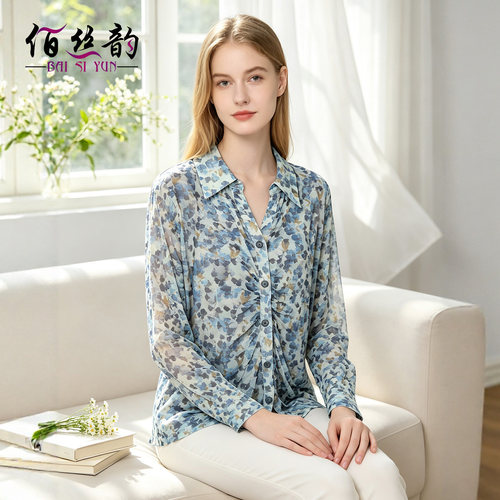 100%桑蚕丝网眼长袖印花女衬衫