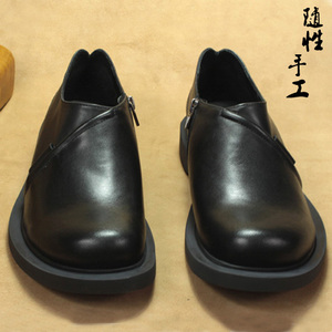 低帮真皮大头鞋男士皮鞋商务黑色皮鞋头层牛皮手工休闲鞋平底防臭