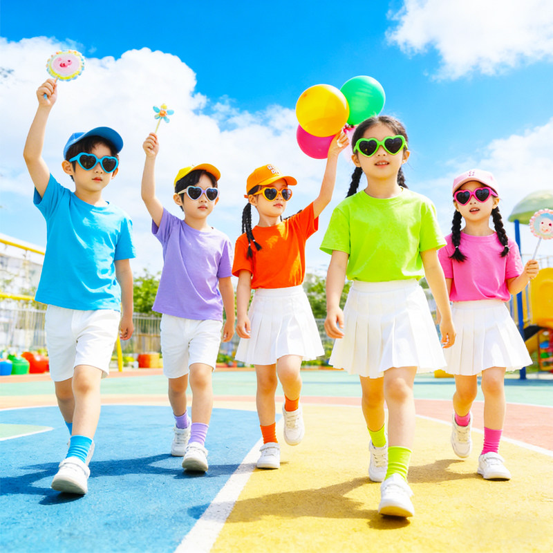 儿童糖果色纯棉t恤女幼儿园亲子装彩色小学生毕业班服短袖表演服