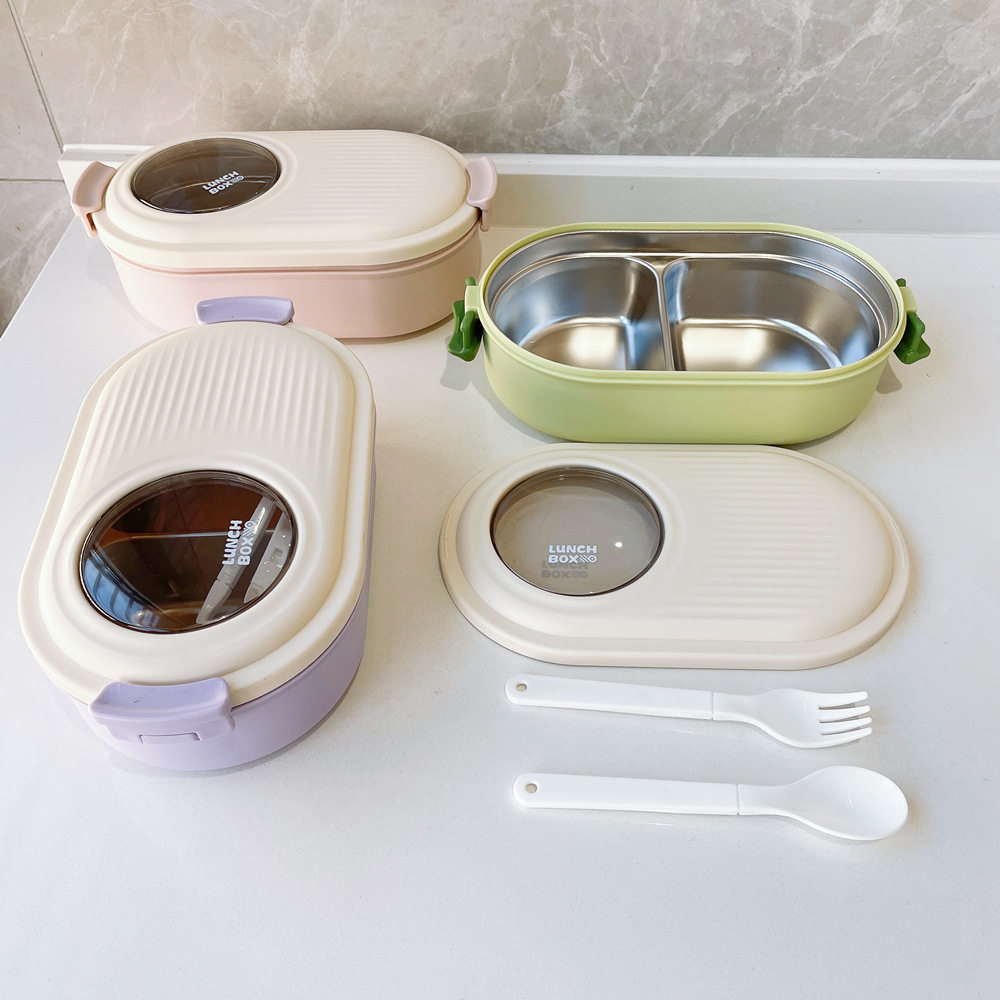 双层简约便当盒不锈钢饭盒学生微波可加热分格食堂打饭上班族餐盒