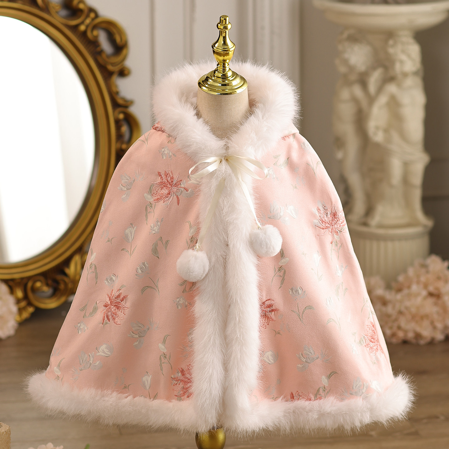 婴儿唐装新中式披风女宝宝中国风粉色冬季斗篷小女孩过年加厚保暖