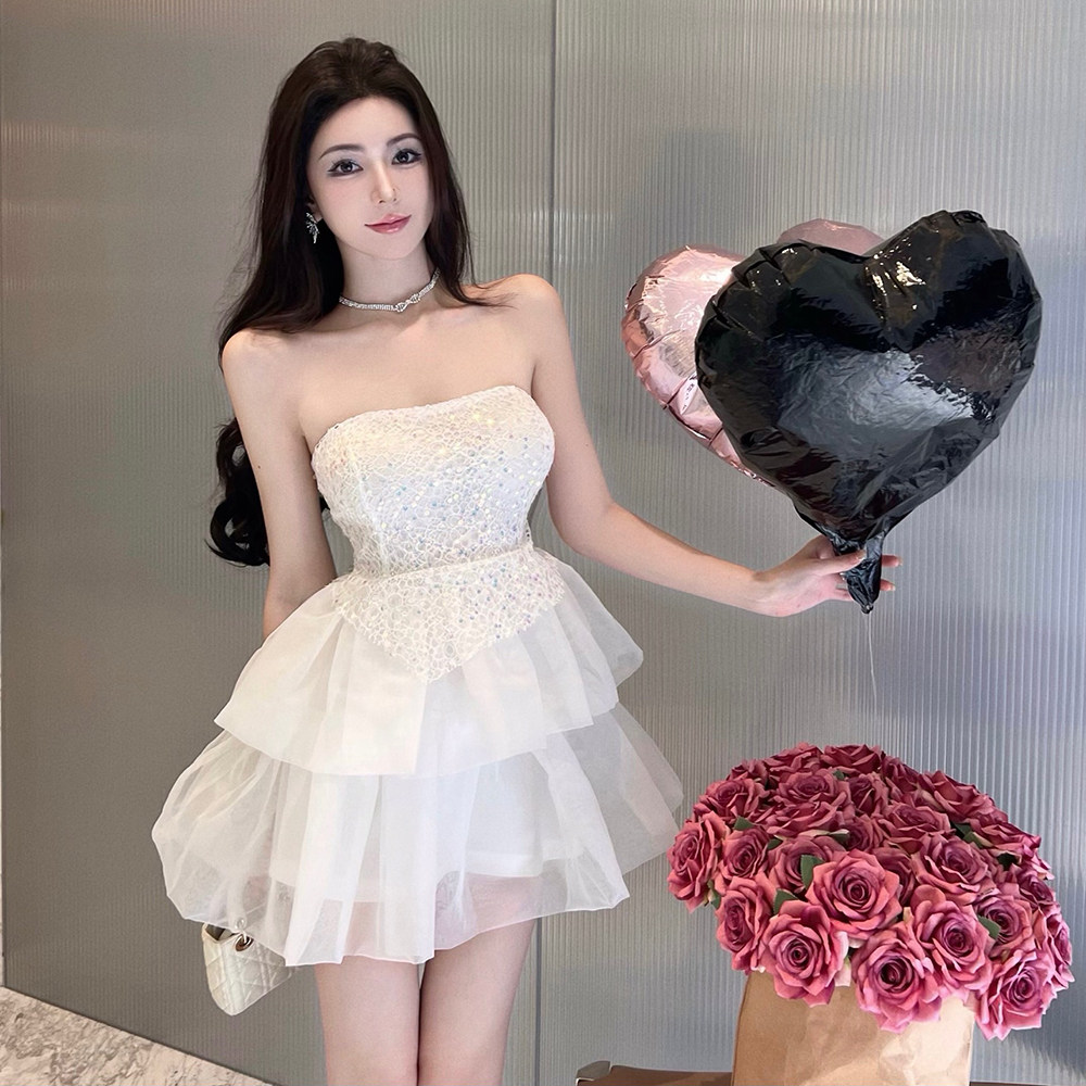 裹胸白色小礼服气质名媛蕾丝刺绣珠片拼接欧根纱蓬蓬裙抹胸连衣裙
