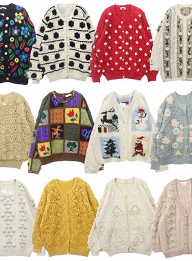 vintage古着孤品日系复古森女重工立体钩花文艺浮花手工女毛衣20