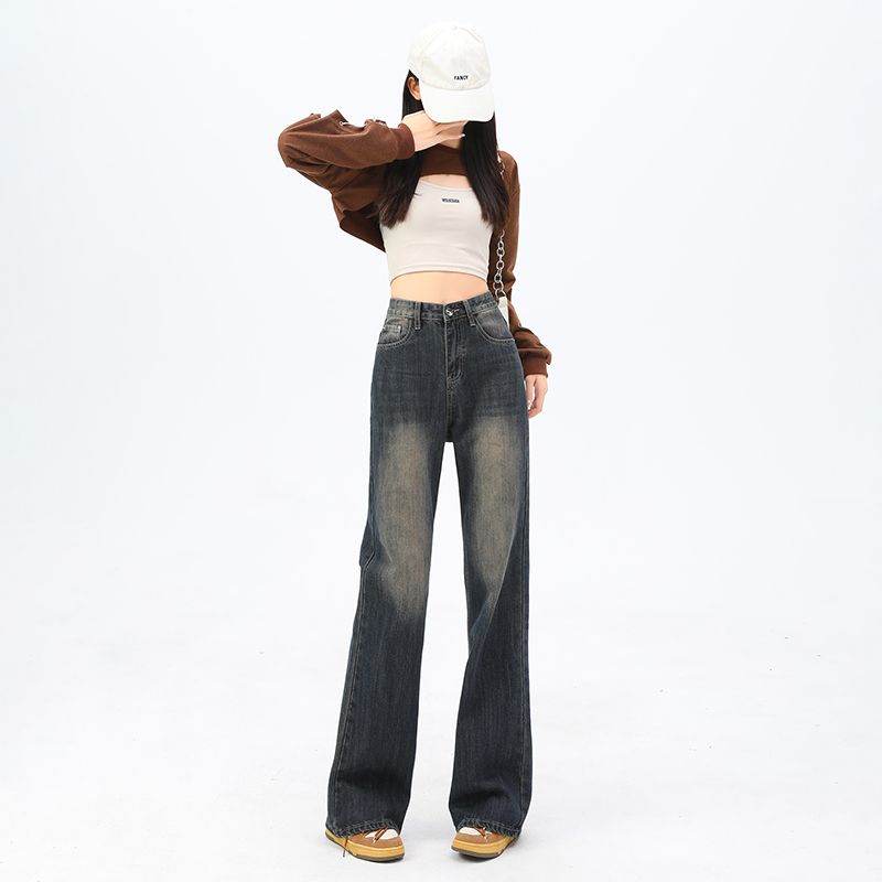 2025美式复古微喇牛仔裤女小众显瘦拖地高个子直筒阔腿裤子