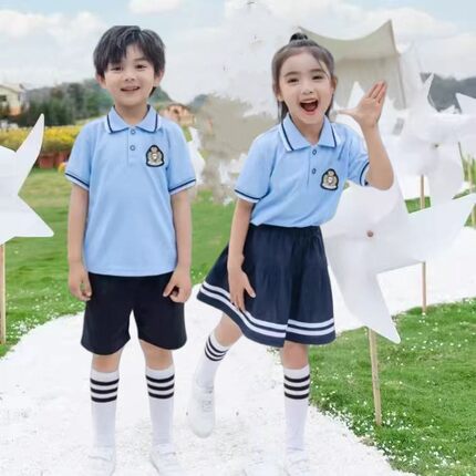 中小学生校服套装幼儿园园服短袖班服夏季T恤初中生白蓝POLO衫棉