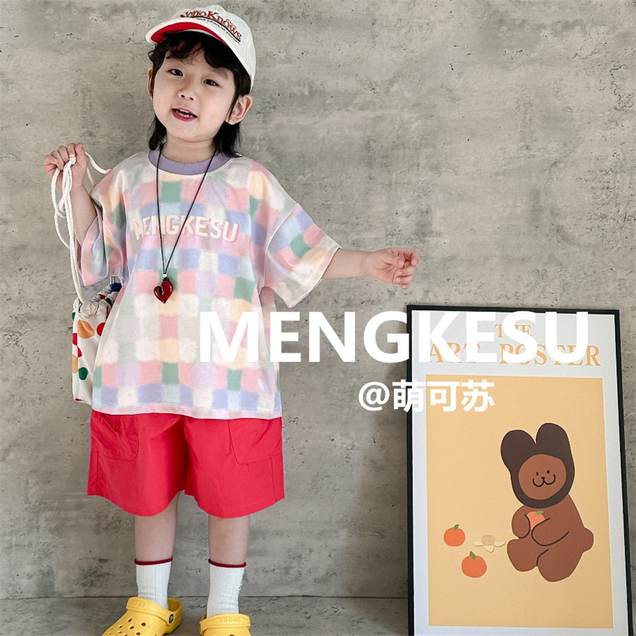 儿童彩色格子短袖T恤2025宝宝夏装t男童上衣夏款数码印方格上衣