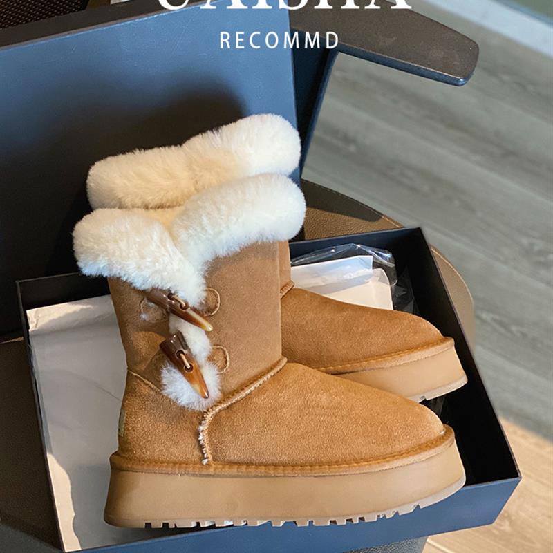 厚底雪地靴女款2025冬季新款皮毛一体加绒加厚毛毛羊角扣东北棉鞋