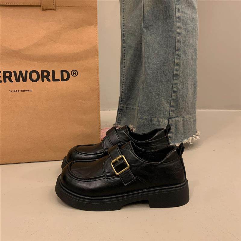 英伦风黑色厚底小皮鞋女加绒深口单鞋2025新款秋冬季玛丽珍乐福鞋