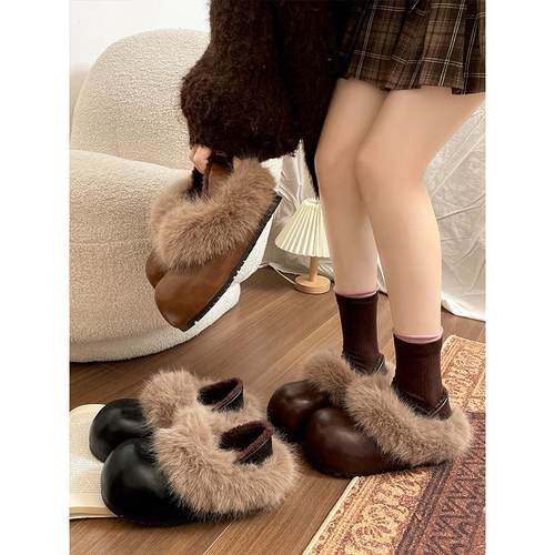 复古加绒保暖防滑厚底棉鞋女冬2025新款外穿增高加厚毛毛勃肯鞋子