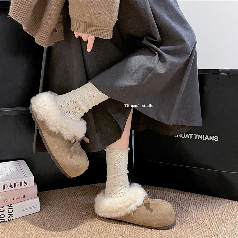 复古加绒加厚保暖厚底半拖勃肯鞋女2025新款冬外穿增高毛毛棉拖鞋