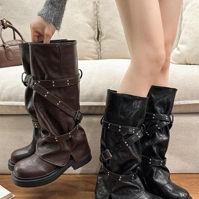皮带扣厚底裤管长筒靴女2025秋季新款不过膝长靴英伦风高筒骑士靴