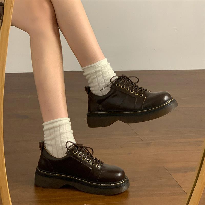 棕色厚底增高系带小皮鞋女2025秋冬季新款百搭覆古英伦风马丁单鞋
