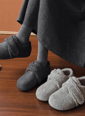 3CM内增高毛毛鞋女外穿冬季新款呢子灰色保暖魔术贴加绒棉勃肯鞋