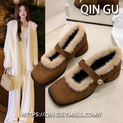 复古方头玛丽珍毛毛鞋女加绒粗跟高跟鞋2025新款秋冬季法式晚晚鞋