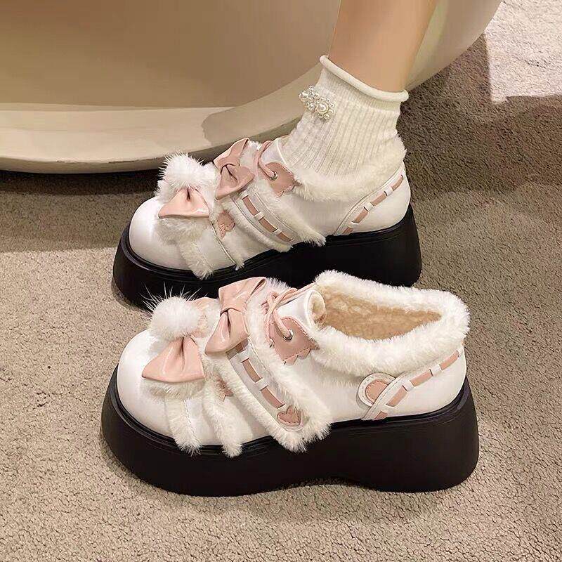 冬季加绒洛丽塔毛毛单鞋女2024日系软妹可爱软萌Lolita皮鞋雪地靴