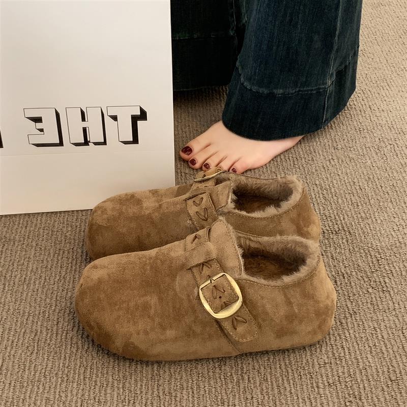 厚底勃肯鞋女加绒毛毛豆豆鞋2025新款冬季女鞋子复古百搭保暖棉鞋