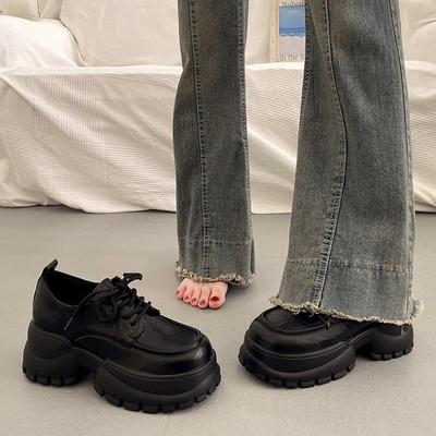 英伦风百搭厚底增高小皮鞋女法式单鞋2025新款夏季松糕系带乐福鞋