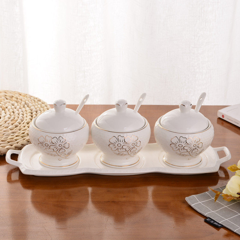 调味罐带瓷盘套创意厨房用品调料盒盐罐欧式陶瓷调味瓶罐三件套装