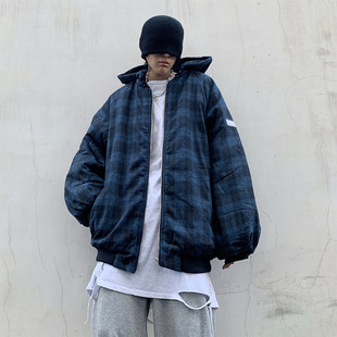春秋冬季工装棉服潮流牌宽松大码痞帅炸街格子外套男百搭ins机能