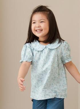 原创设计清仓女宝短袖印花蓝色田园风T恤可爱圆领幼儿园衣服