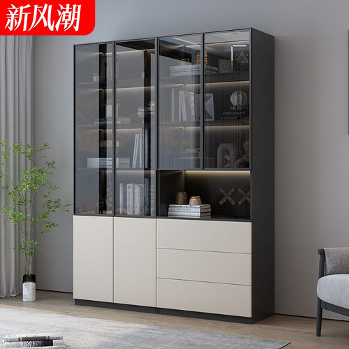 轻奢书柜玻璃门现代简约家用客厅书架置物架书房展示柜储物柜定制