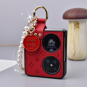 新款 潮牌新年红适用华为pocket2手机壳novaflip高级感皮纹防摔保护壳p50pockets挂绳手链指环oppofindn3flip