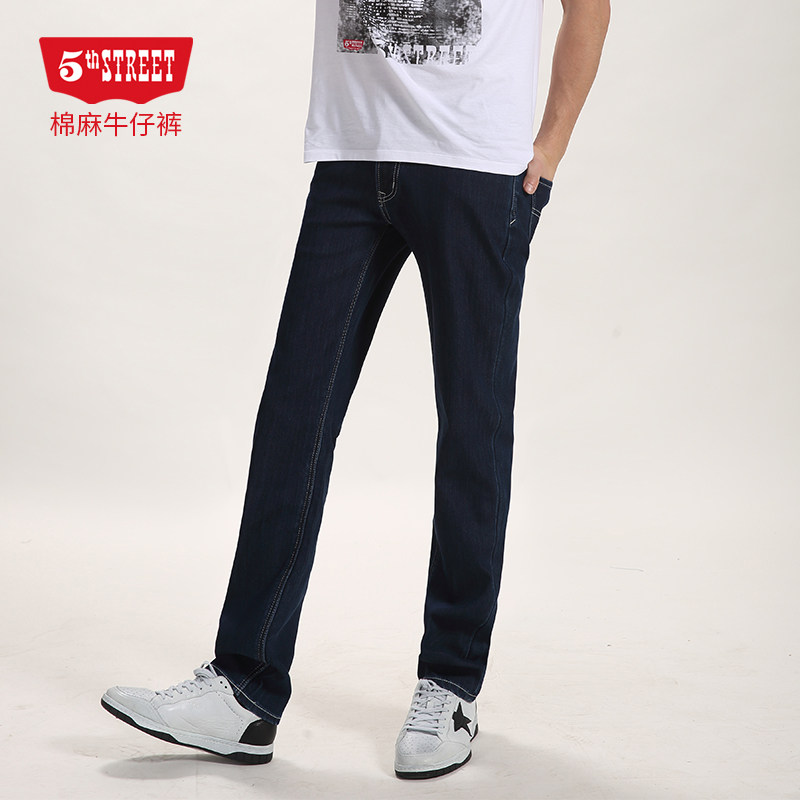 第五街夏季新款男士修身中腰小直筒棉麻薄款牛仔长裤617132-182