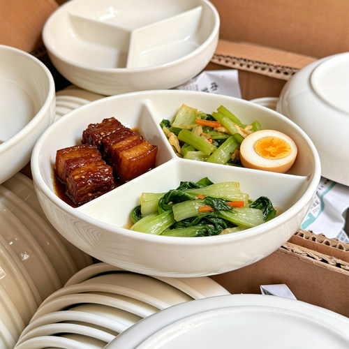 德化米白陶瓷三分格圆碗电饭锅内蒸笼分隔蒸宝宝辅食碗家用分餐盘