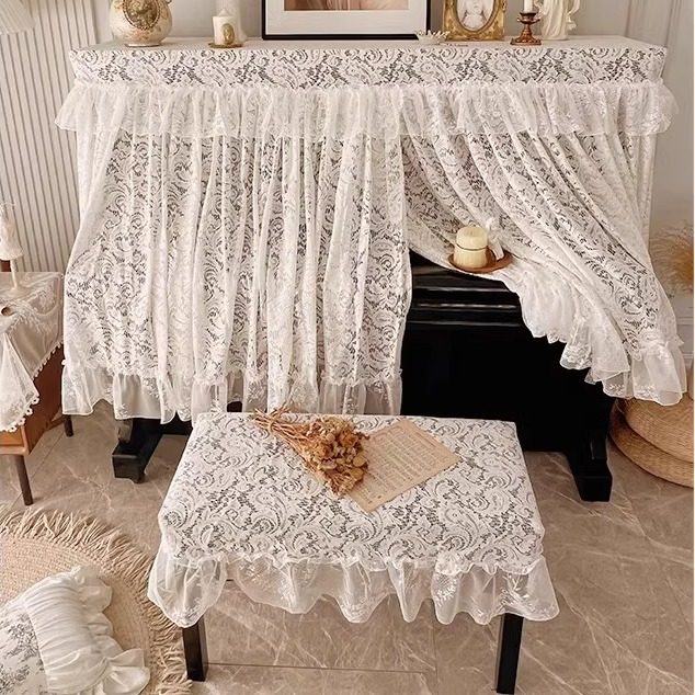 法式钢琴布盖布白色蕾丝电子钢琴罩全罩美式美田园凳罩半罩防尘罩