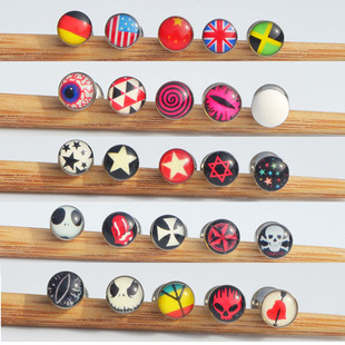 男士耳钉钛钢单只潮复古朋克不绣钢骷髅树叶欧美个性女耳饰眼球