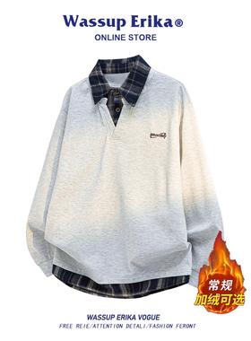 WASSUP ERIKA美式复古假两件卫衣男款秋冬衬衫领加绒长袖刺绣上衣