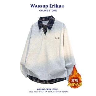 WASSUP ERIKA美式复古假两件卫衣男款秋冬衬衫领加绒长袖刺绣上衣