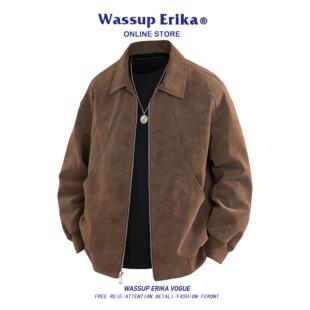 WASSUP ERIKA美式麂皮绒飞行夹克男款秋冬季复古工装棒球服外套男