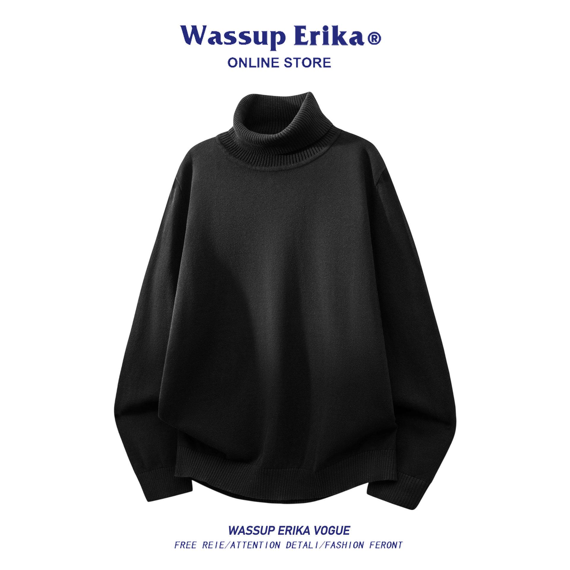 WASSUP ERIKA纯棉黑色高领毛衣男秋冬内搭针织衫休闲百搭纯色上衣