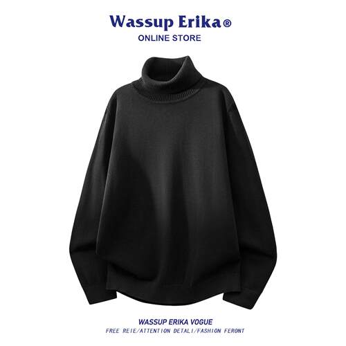 WASSUP ERIKA纯棉黑色高领毛衣男秋冬内搭针织衫休闲百搭纯色上衣