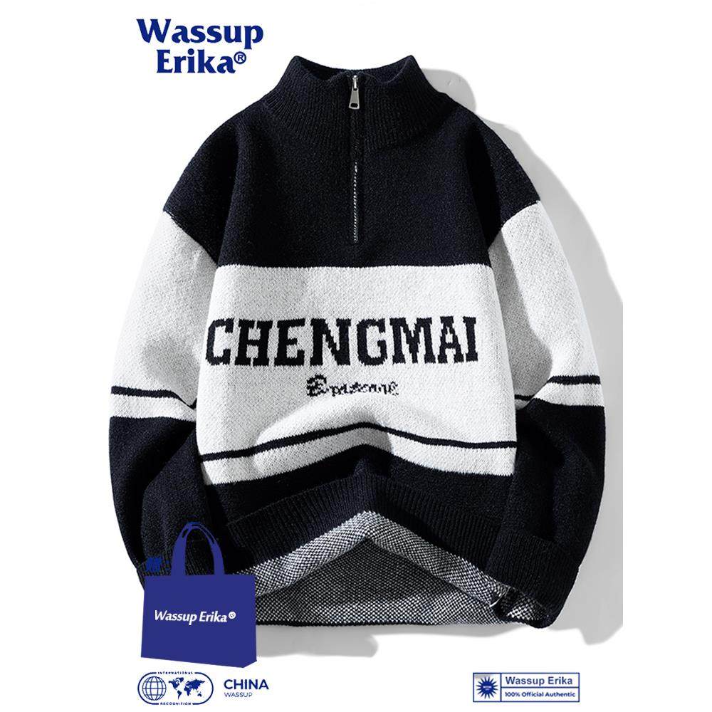 WASSUP ERIKA美式半拉链立领毛衣男秋冬套头针织衫街头休闲毛线衣