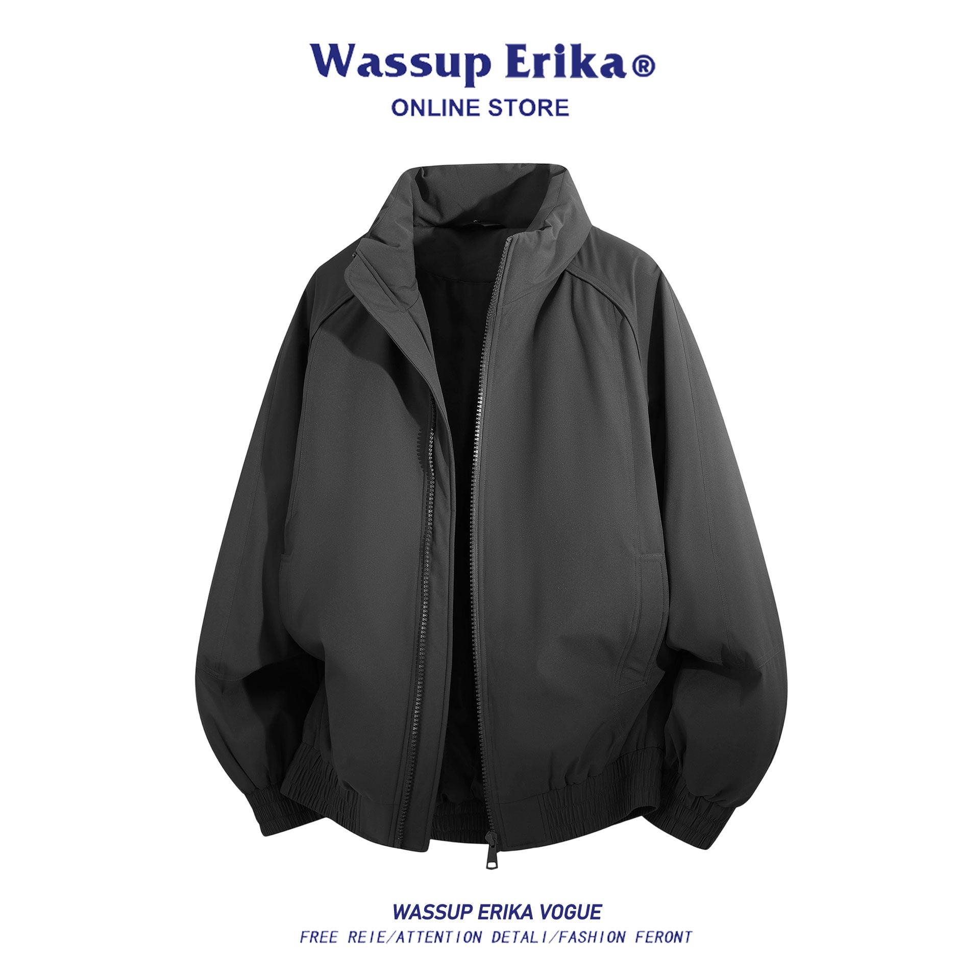 WASSUP ERIKA日系灰色保暖立领棉服男冬季新款棉衣情侣纯色外套女
