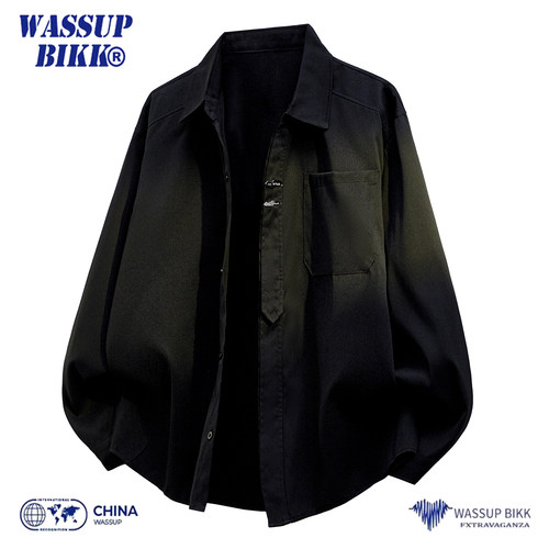 WASSUP BIKK国风盘扣垂感黑色长袖衬衫男春秋季宽松休闲衬衣外套