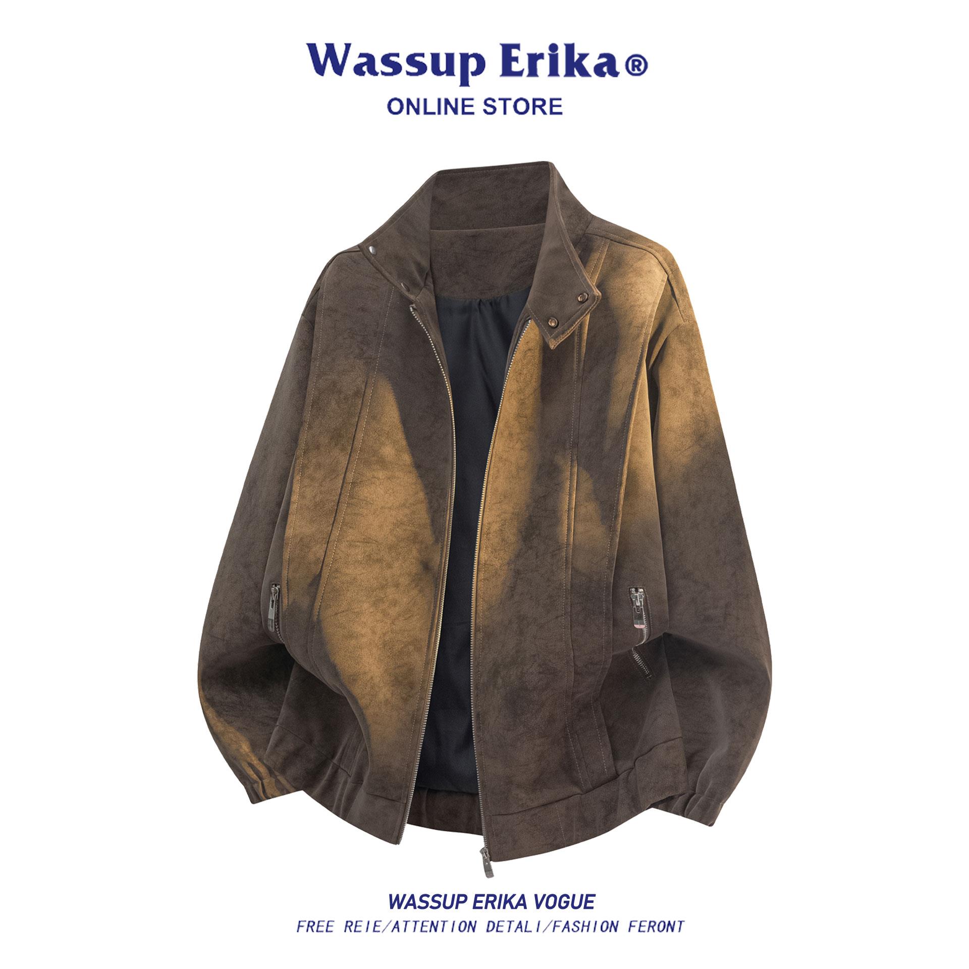 WASSUP ERIKA美式复古pu皮衣外套男士秋冬季潮牌休闲宽松加绒夹克