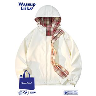 WASSUP ERIKA日系格子连帽夹克男秋季潮牌拼接上衣小香风休闲外套