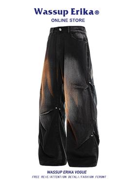 WASSUP ERIKA复古做旧直筒工装牛仔裤男秋季黑灰褶皱长裤痞帅裤子