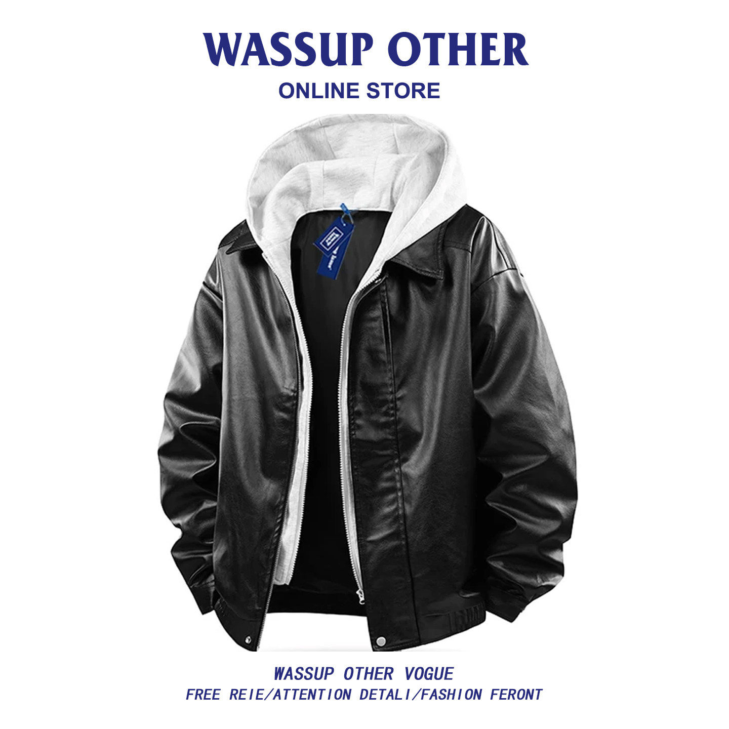 WASSUP OTHER美式高街假两件连帽皮夹克男款春秋季宽松皮衣外套男
