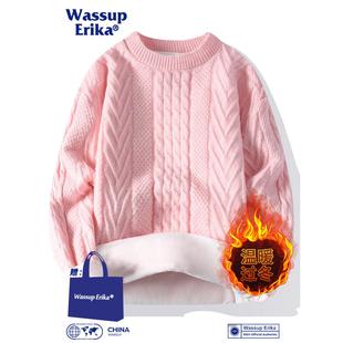 WASSUP ERIKA粉色圆领毛衣男冬季麻花加绒加厚针织衫慵懒风打底衫