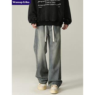 WASSUP ERIKA日系休闲牛仔裤男款春秋季条纹直筒裤子宽松长裤男生