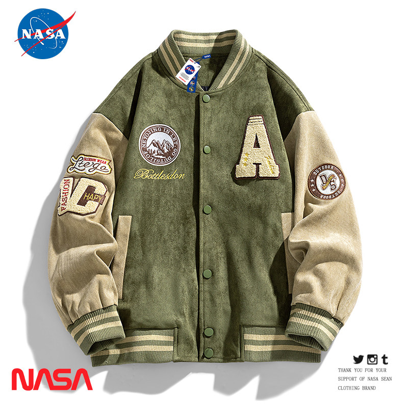 NASA联名美式重磅刺绣棒球服男冬季加厚复古麂皮夹克外套情侣宽松