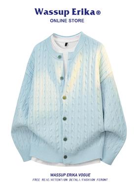 WASSUP ERIKA慵懒风蓝色开衫毛衣男秋季情侣针织衫圆领毛线衣女潮