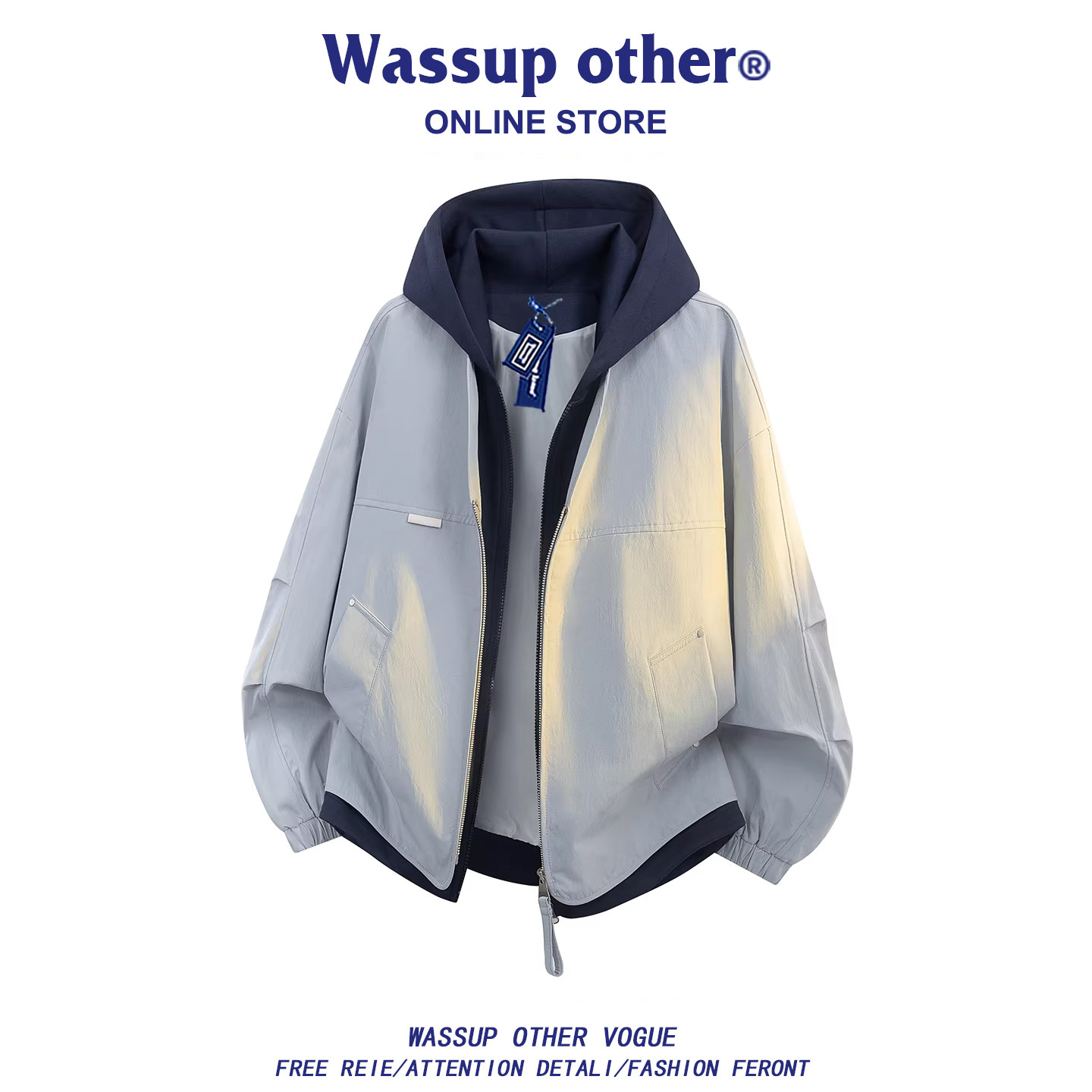 WASSUP OTHER美式复古假两件连帽大码夹克男款春秋新款冲锋外套男